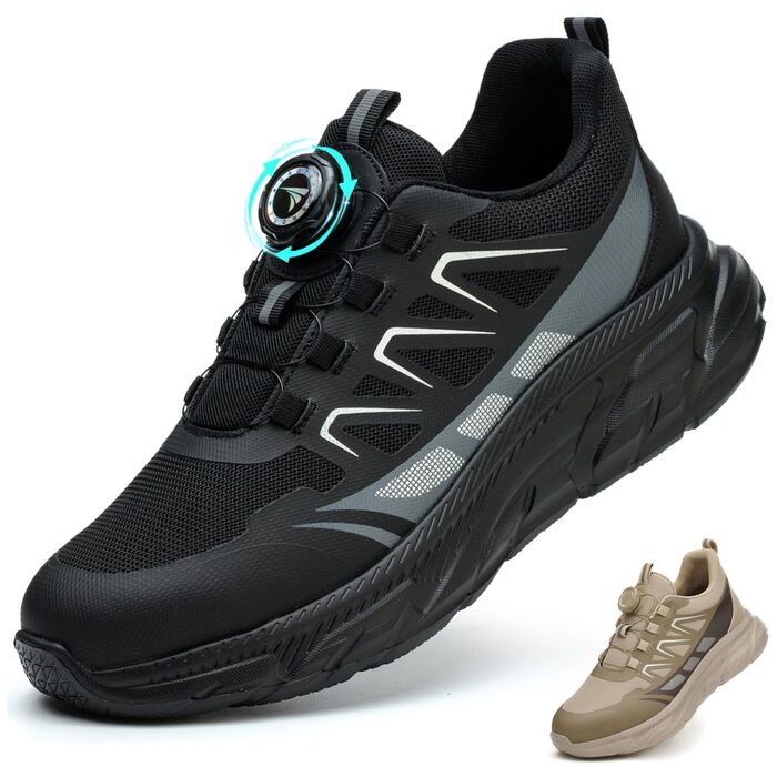Черевики робочі чоловічі та жіночі спортивні, легкі, дихаючі, на шнурівці, з швидкою застібкою, з обертовим закриттям, з металевим підсилювачем, 44 EU, чорні