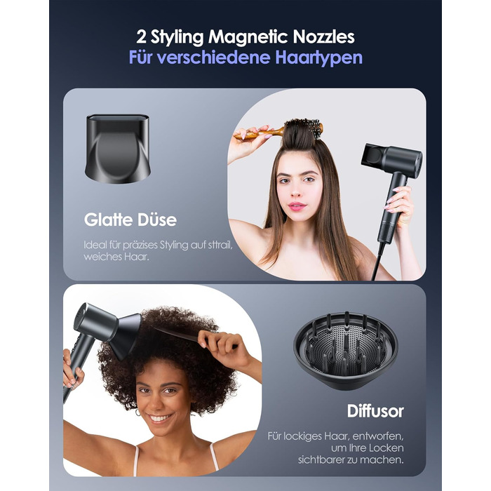 Іонізатор волосся Bopcal, 160000 об/хв, 500 млн іонів, з насадкою-дифузором, професійний фен для дому, салону, подорожей, 12 режимів, чорний