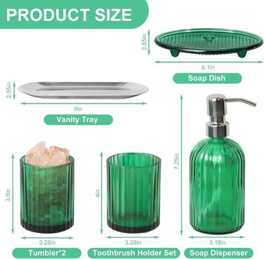 Umimile Bathroom Accessories Set, 6-Piece, Green Glass, Complete Toothbrush Holder, Cup, Lotion Dispenser, Soap Dish, Vanity Tray, Aromatherapy Cup for Apartment, Bathroom Decor