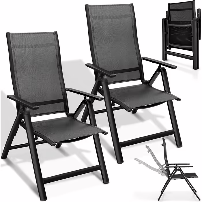 tillvex Premium Garden Chair 1 Piece Folding Aluminum | High Back with Armrests | Adjustable Folding Chair | Folding Armchair Balcony Garden Terrace 1 Piece (Black, 2 Pieces)