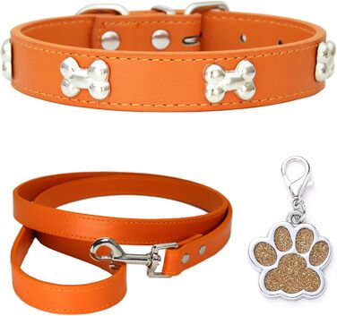Нашийник для собак з шкіри, поводок-комбо, нашийники для цуценят, регульовані, для малих та середніх собак та котів, білий (L, помаранчевий)