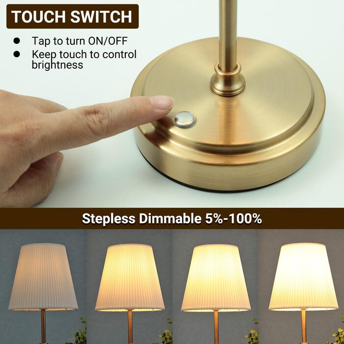 LED настільна лампа бездротова з акумулятором 3000mAh, торшер для спальні, вітальні, на вулицю (Retro Gold, 2 шт.)