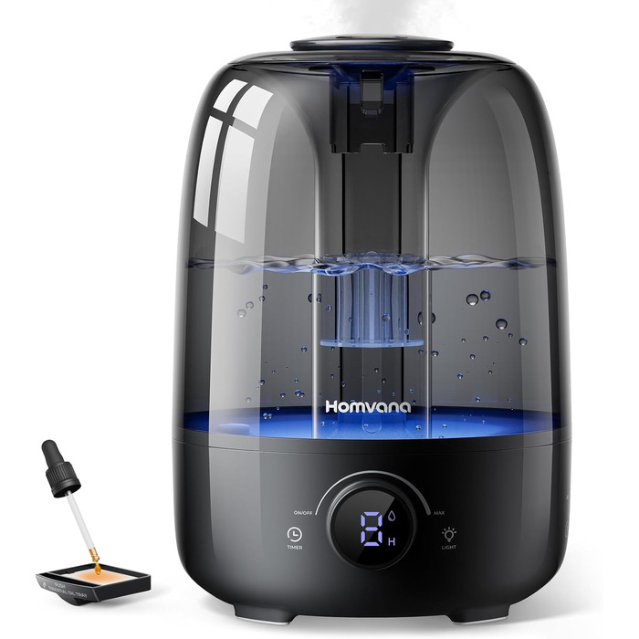 Зволожувач повітря Homvana 4L з верхнім наповненням, охолоджувальний туман, 40 годин роботи, дифузор, для дитячої кімнати, рослин, не містить BPA, ароматерапія (чорний)