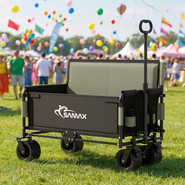 Універсальний візок-самохід Samax Bollerwagen 2-в-1 до 200 кг (Маття Зелений) з банкеткою та спинкою - садовий, пляжний, вантажний візок для бездоріжжя