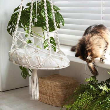 Крісло-гойдалка для кота, гамак-гойдалка Boho з макраме, ліжко для кота з гачком та знімним подушкою для саду, тераси, балкону, вітальні