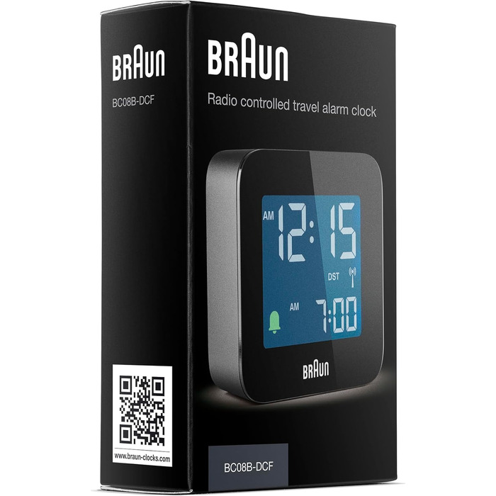 Braun Digital Travel Alarm Clock, Central European Time (CET) zone with snooze function, compact size, negative LC display, crescendo alarm in black, model BC08B-DCF.