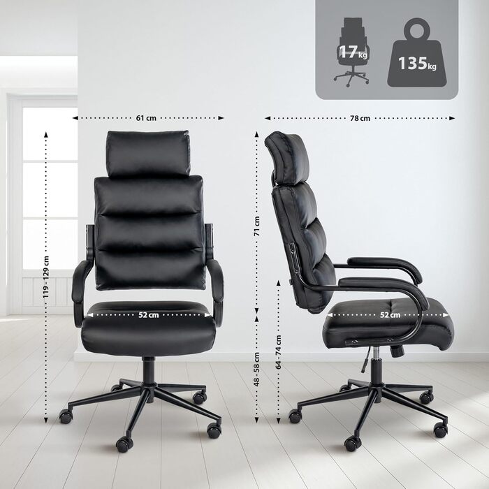 Офісне крісло CLP Campo з штучної шкіри, регульоване по висоті та поворотне, до 135 кг, з підлокітниками, чорний колір