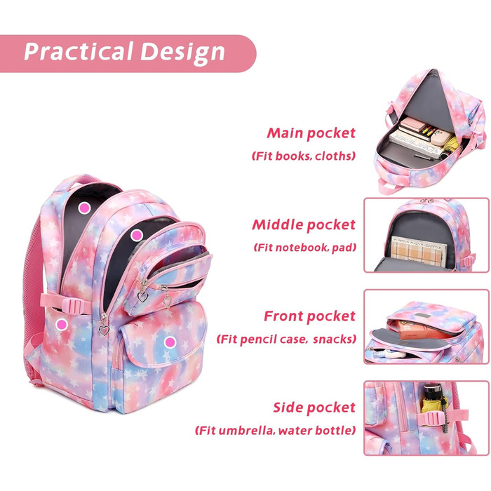 Шкільний рюкзак Tanou для дівчаток 3 шт. з ланч-боксами та пеналом, дихаючий, легкий, 22 л, для 3-9 класів, фіолетовий (рожева зірка)