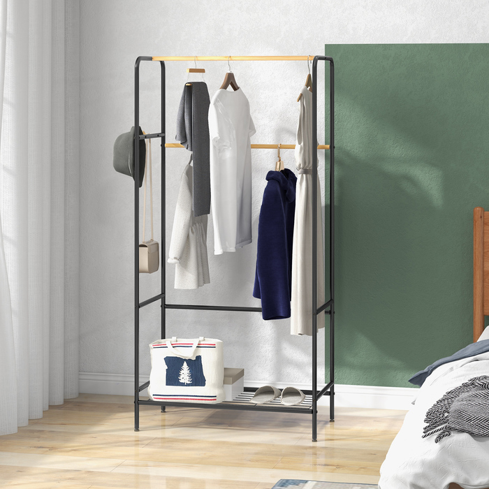 HOMCOM Clothes Rack Coat Stand with 2 Clothes Rails and Shelf, Coat Rack with Hooks for Bedroom and Hallway, Bamboo Black