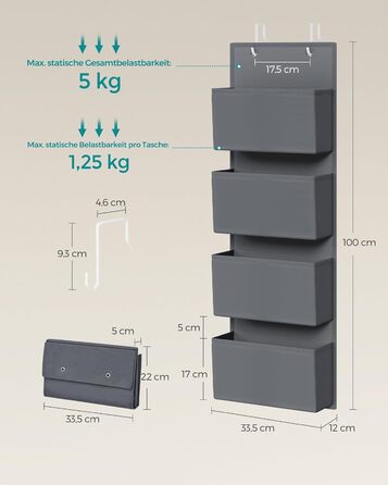 Органайзер для шафи SONGMICS з 4 кишенями, навісна полиця, органайзер для гардеробу, навісне зберігання, органайзер для дверей, спальня, вітальня, 2 x 33,5 x 00 см, RDH04G (2, сірий шифер)