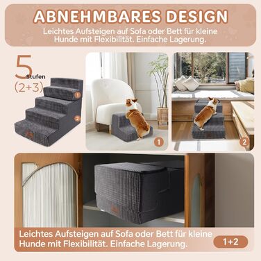 Сходинки для собак Sytopia - 5 сходинок, 57 см, сірий колір, для великих собак, для літніх та поранених тварин, з щільним шаром піни, зручні для доступу до ліжка
