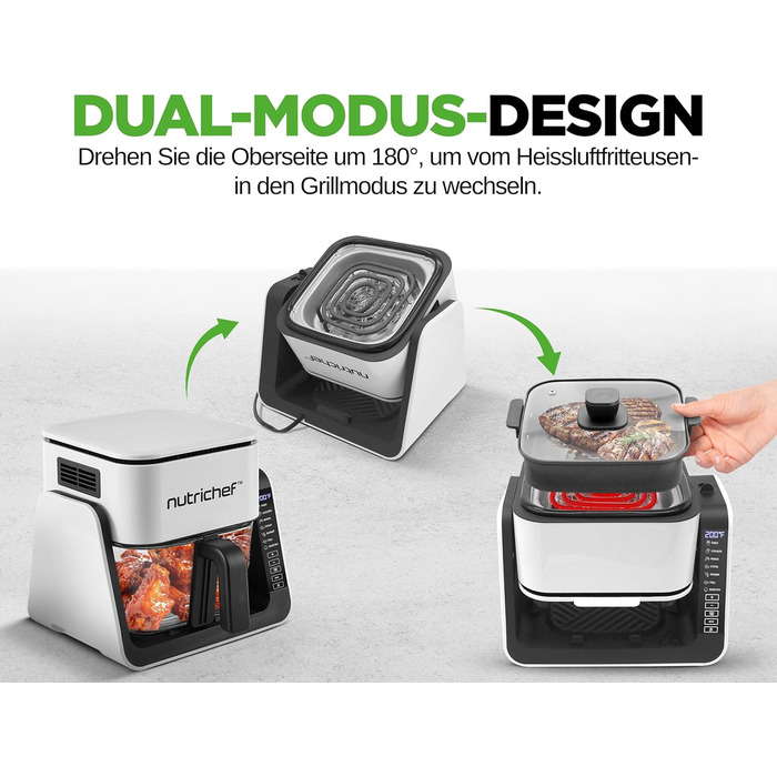 Фритюрниця NutriChef з подвійною камерою, 8л, Airfryer, з вікном, 360°C, 9 програм, антипригарне покриття, миється в посудомийній машині, для смаження, гриля та випікання, 1700W