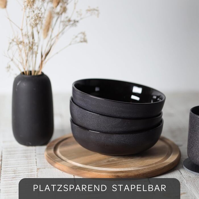Stone Age Design Bowl Set (6 x 750ml, black) - Extra Large Soup Bowls - Dishwasher-Safe Soup Bowl - Bowl - Cereal Bowl - Salad Bowl Ceramic - Large Cereal Bowl