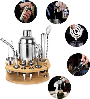Cocktail Shaker Set, Stainless Steel Cocktail Set, 14-Piece Bartender Kit Bar Accessories, Cocktail Mixer Set with Wooden Stand, 750ML Cocktail Gift Set for Home or the Bar.