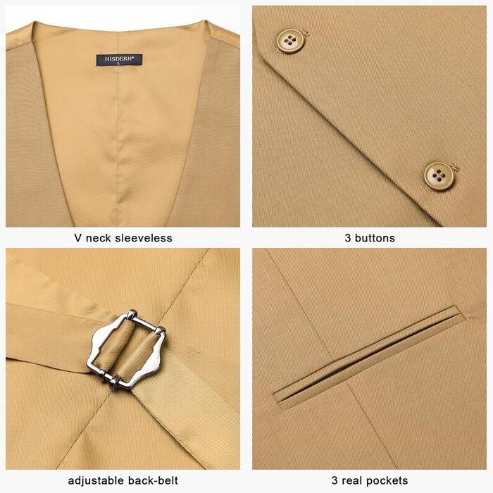 Жилет чоловічий HISDERN формальний елегантний бавовняний однотонний V-подібний виріз з кишенями для весілля, вечірки, бізнесу (S, Хакі)