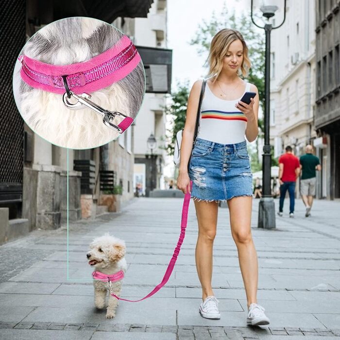 Нашийник для собак від тяги з повідком, анти-тяга, відбиваючий нашийник для цуценят, безпечний нашийник, анти-заплутування, для маленьких та середніх собак та цуценят, чорний (XXS, Рожевий)