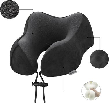 Подушка для шиї у подорожах: автомобільна, для літака, з memory foam та м'яким чохлом. Підходить для дорослих, офісу, дому та кемпінгу (Чорний)