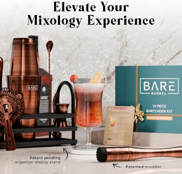 Bare Barrel Cocktail Shaker Set - 14 Piece Bar Set with Boston Shaker, Martini Accessories & Recipe Cards - Home Bartender Kit