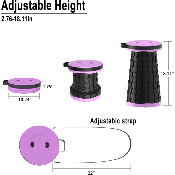 Тeleskopний складаний стільчик для кемпінгу, риболовлі та відпочинку, 280 кг, фіолетовий, 25x25x45 см