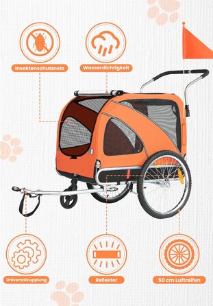 SEPNINE® Велосипедна причепа для собак XL, 2-в-1: причеп та візок для собак з відбивачами та гальмом, матеріал: 600D Oxford Canvas, максимальне навантаження 40 кг, помаранчевий колір
