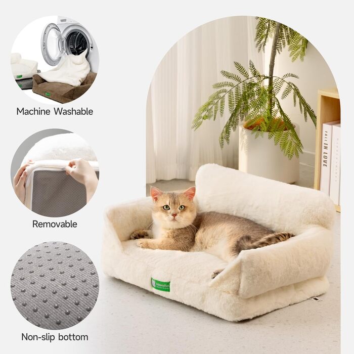 MEWOOFUN Cat Sofa, Cat Bed for Indoor Cats, Cute Kitten Bed Pet Sofa with Removable, Washable Cover and Non-Slip Bottom for Small Dogs (White, S)