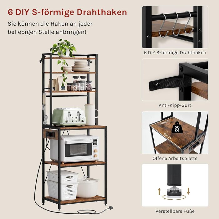 Кухонна полиця WOLTU з 6 ярусами та розетками, мікрохвильова полиця з 6 гачками, полиця пекаря з металевим каркасом, регульовані полиці, Чорний+Рустикальне коричневий, 60 x 167 x 40 см, Чорний+Вінтажний коричневий 60 x 39,5 x 167 см