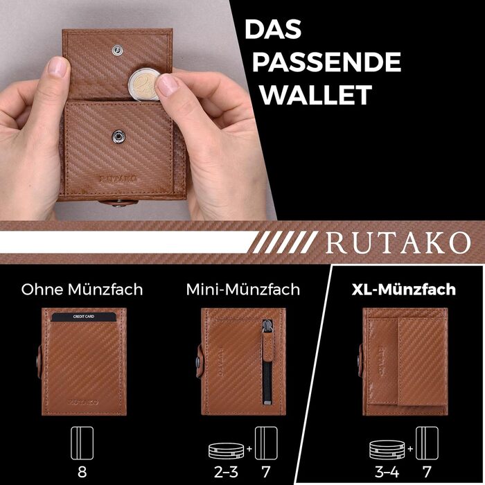 RUTAKO Slim Wallet with XL Coin Pocket & RFID Protection - Card Holder for Men & Women - Small Credit Card Holder - Mini Wallet - Purse/Wallet Small - Wallet Carbon-Cognac