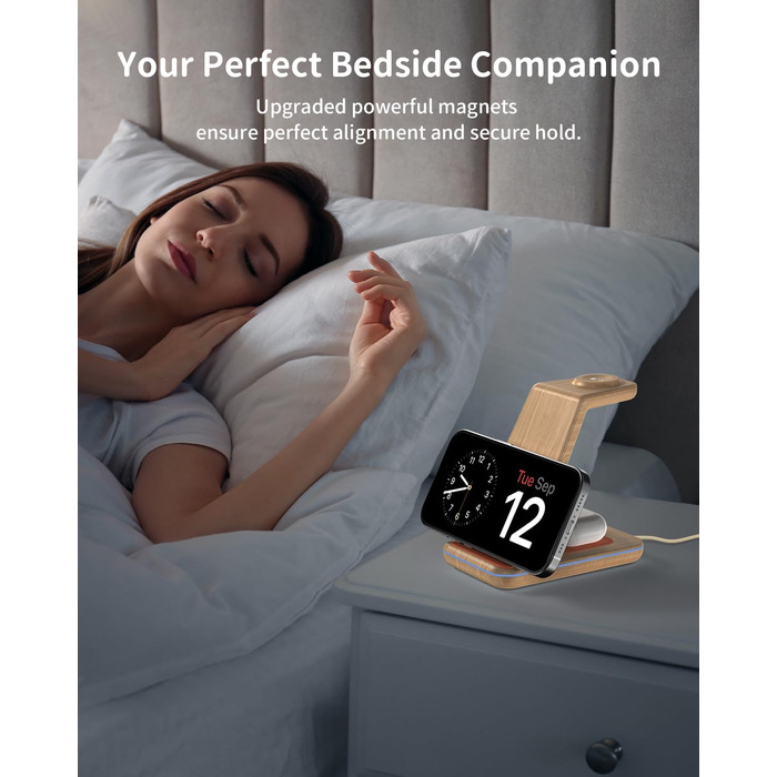 Бездротовий зарядний пристрій JoyGeek 3-в-1 з бамбуковою текстурою для iPhone, Apple Watch, AirPods