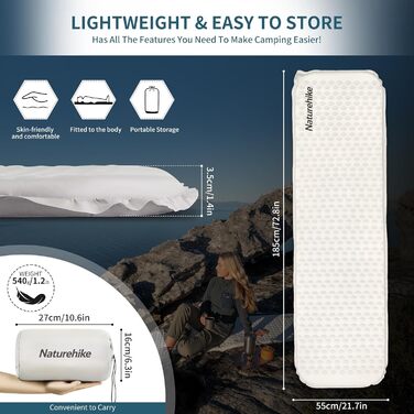 Naturehike Yugu: самонадувний килимок для кемпінгу та трекінгу (3,5 см) сірий