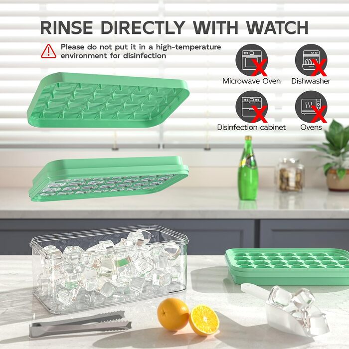 Контейнер для льоду з кришкою та лопаткою, двошарова форма для кубиків льоду (56 шт), харчовий пластик, для напоїв, віскі та дитячого харчування, зелений