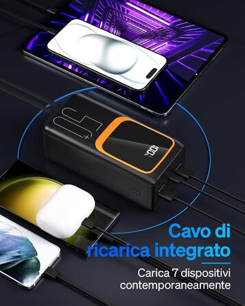 Power Bank 50000 mAh з вбудованим кабелем, 22.5W швидка зарядка, LED-ліхтарик, 7 портів (3 входи) - портативний акумулятор