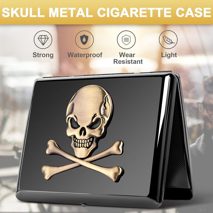 Металеве тютюносховище вінтажного стилю для жінок та чоловіків, на 18-20 сигарет (Череп, чорний)