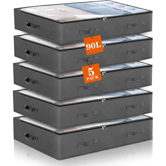 5 штук комода під ліжко Withosent 90л, коробки для зберігання під ліжко з флісу, складні сумки для зберігання одягу, постільної білизни, ковдр, подушок, 5 шт./90л