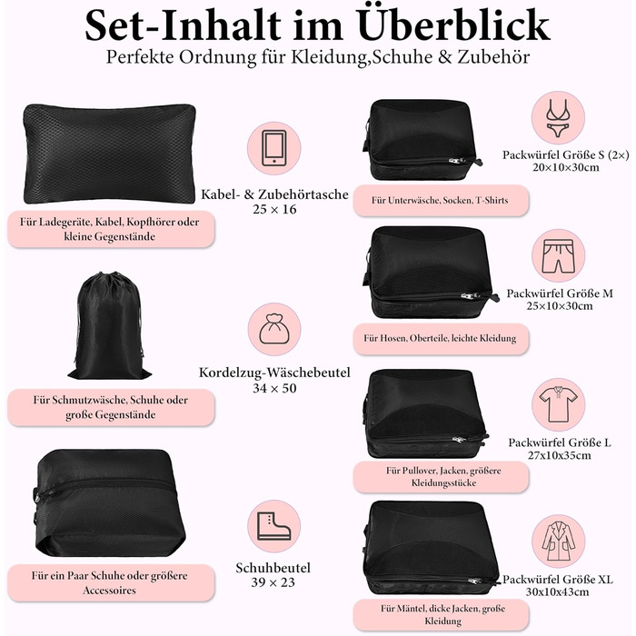 Органайзер для валізи KiwiPower, 8 шт. – комплект компресійних кубиків для одягу, чорний