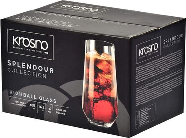 Krosno Water Glasses Highball Glasses Drinking Glasses | Set of 6 | 480 ML | Splendour Collection | Perfect for home, restaurants, and parties | Dishwasher safe
