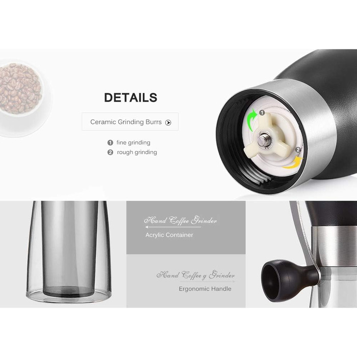 Ручна кавомолка T-mark, портативна з регулюванням, керамічна для дому та подорожей, чорний метал