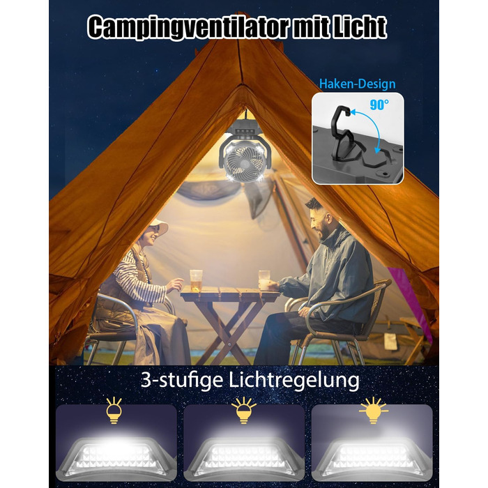 Портативний вентилятор для кемпінгу з акумулятором 10000mAh, LED-ліхтар, 270° обертання, USB-зарядка, для намету, відпочинку на природі, риболовлі, офісу (Чорний)