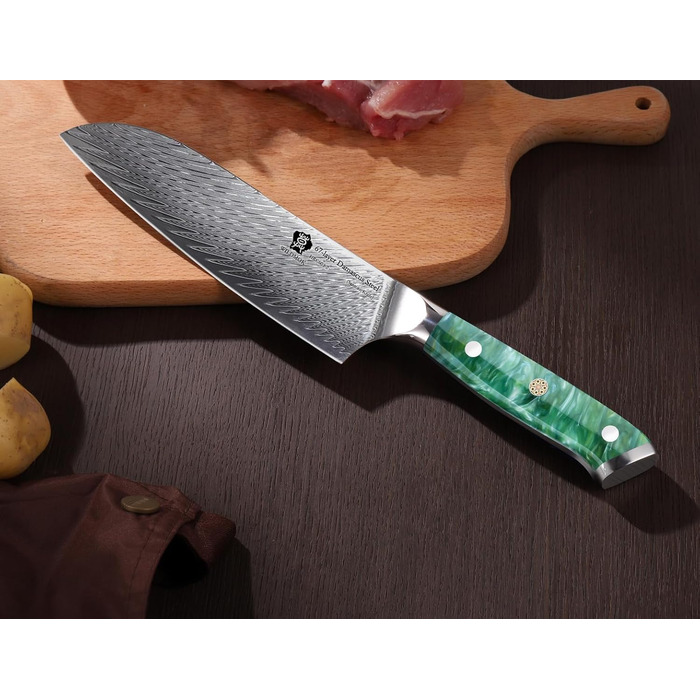 Японський кухонний ніж Santoku WILDMOK 17 см, сталь VG10 Дамаск, зелена рукоятка, професійний ніж для кухні