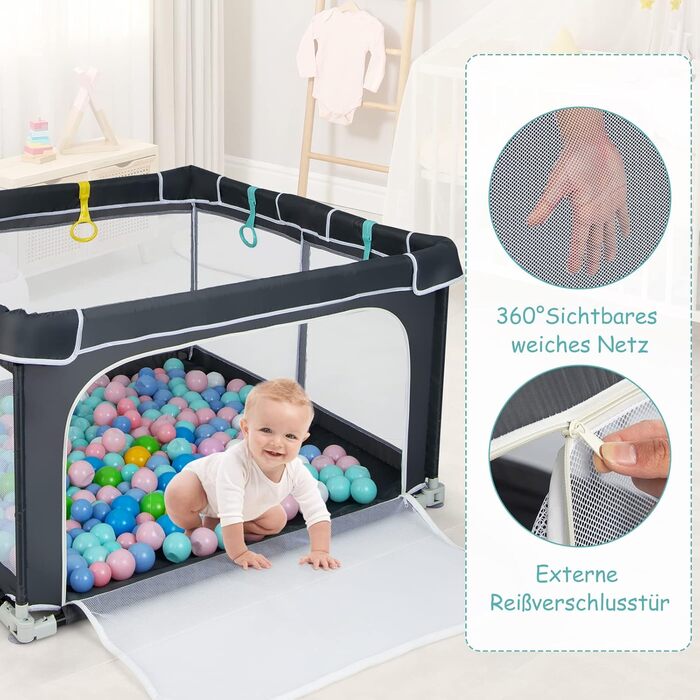 DREAMADE Playpen Baby, 124 x 124 cm Playard Foldable with 50 Play Balls & 4 Pull Rings, Safety Net with Breathable Mesh & Zipper (Dark Grey)