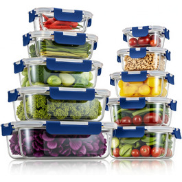 Набір скляних контейнерів для зберігання їжі з кришками з преміум-пластику, 10 шт., блакитні