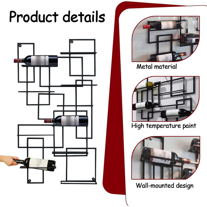 Підвісна полиця для вина на 10 пляшок, металева, чорна, 110x60x10 см (2 шт.)