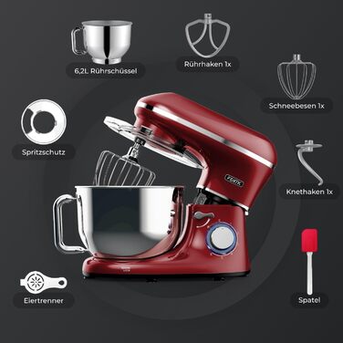 Fentic 2000W Stainless Steel Stand Mixer with 6.2L Bowl - Includes Dough Hook, Whisk, Beater & Splash Guard - Red