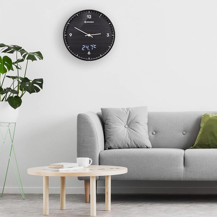 Bresser MyTime Radio-Controlled Wall Clock without Ticking Sounds, 24 cm Dial, LED Second Display, Indoor Temperature, and Silent Radio Clock Movement (Black)