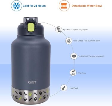 GiNT Ізольована пляшка для води з нержавіючої сталі для собак та людей, багаторазова поїлка-дозатор знімними мисками та сумкою, не протікає, для прогулянок, походів, кемпінгу, авто (темно-сірий)