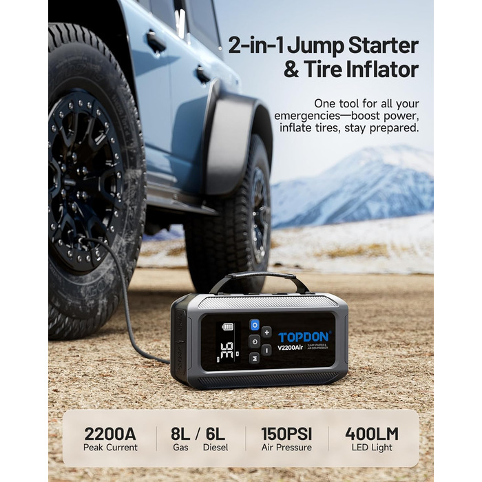 TOPDON V2200Air: Портативний стартер та компресор для авто (2200A, 150PSI)