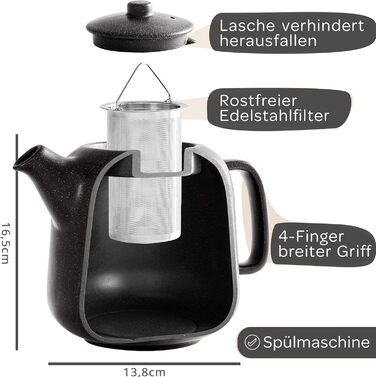 STEINZEIT Design Teapot (1.3L) with 304 Stainless Steel Infuser - Ceramic Teapot with Unique Glaze with Removable Strainer - Black