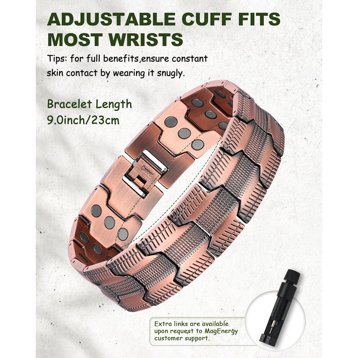 Браслет на руку чоловічий MagEnergy з міді - з 3 потужними магнітами, регульована довжина, інструмент для регулювання розміру