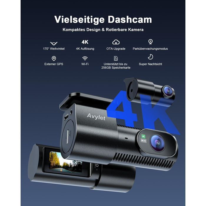 Відеореєстратор Avylet 4K+1080P з двома камерами (передня та задня), Wi-Fi, GPS, IPS дисплеєм, паркувальною функцією, Super Night Vision, WDR, 170° кутом огляду, G-сенсором, підтримка карт пам'яті до 256GB