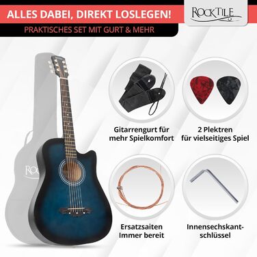 Rocktile WSD-5C-BUB: Акустична гітара Вестерн Slim Line - Комплект з чохлом, струнами, ремінком та медіатором - Blueburst