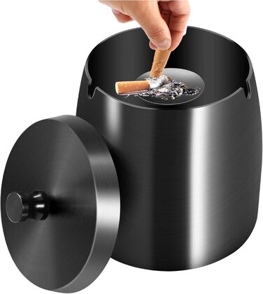 Склянка для сигарет на вулицю з кришкою, нержавіюча сталь, чорна. Антиковзаюча основа для використання на вулиці та в приміщенні